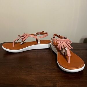 Fitflop Pink and Tan Tia Leather Fringe Sandal with Adjustable Straps, Size 8